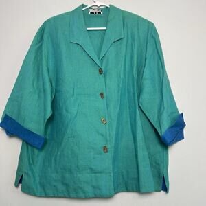 Vintage 70s Women's Linen Button Up Blouse 3/4 Sleeve Blue Plus Sz 2X USA